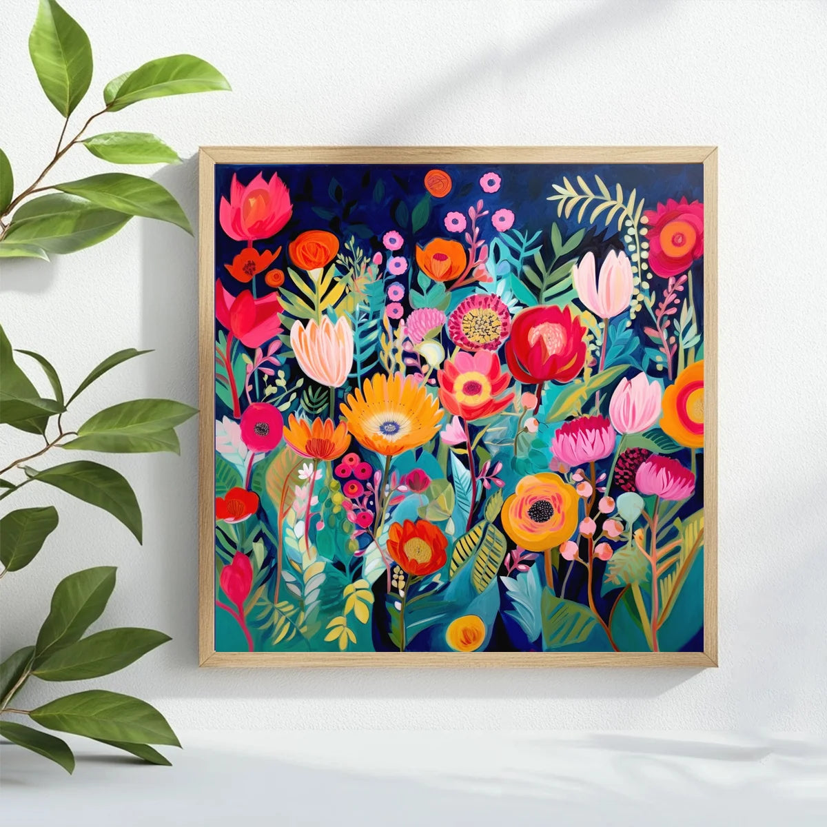 kit broderie point croix motif floral fleurs stylisées peinture murale suspendue couleurs vives rouge