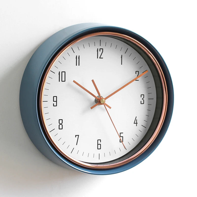 horloge murale moderne métal aiguille quartz bleu cuivre salon decoration