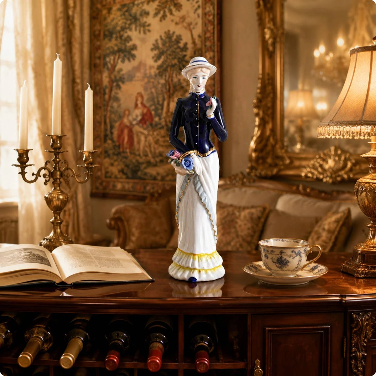 statuette féminine céramique émaillée robe élégante motifs floraux classique chapeau blanc bleu doré