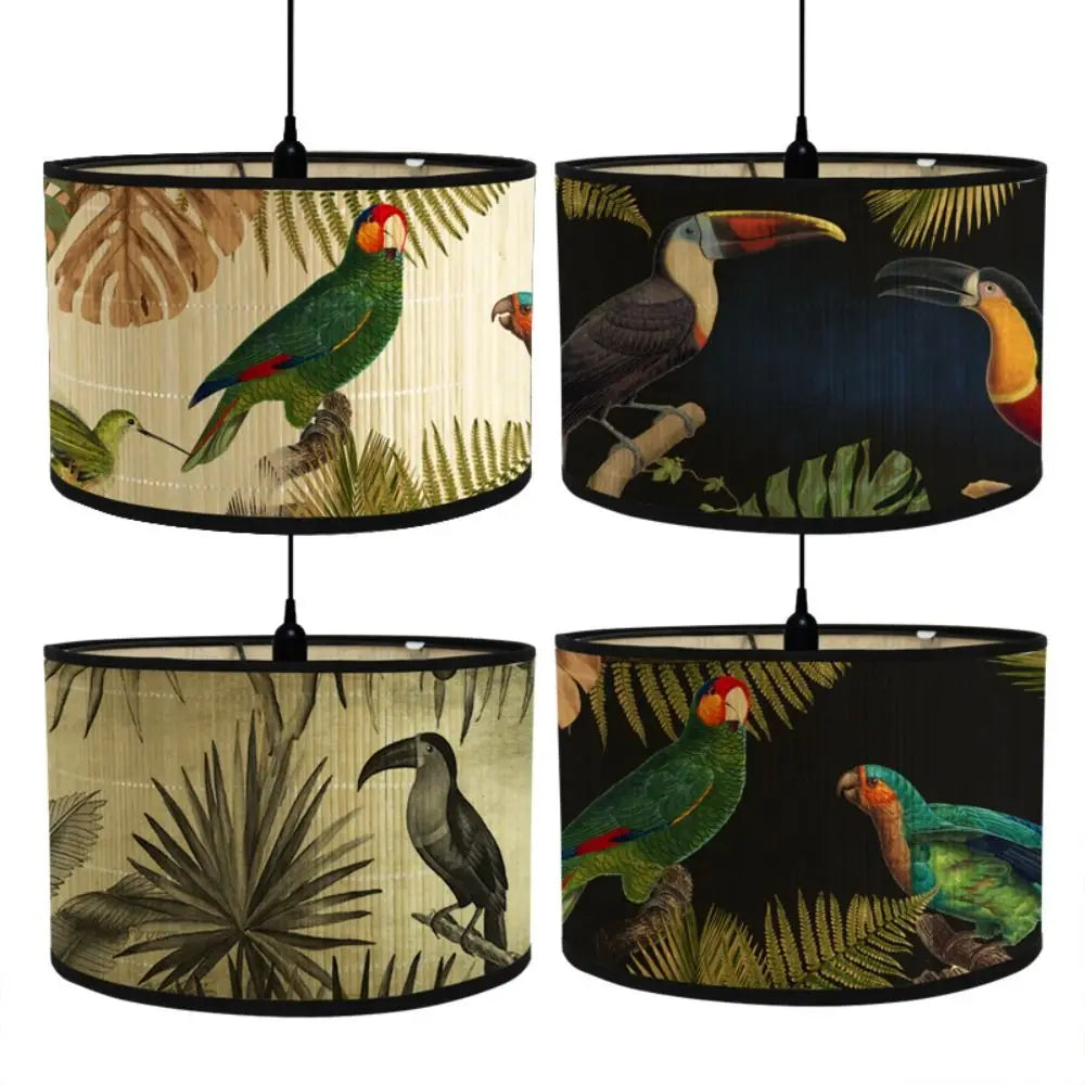 abat jour vintage imprimé tropical oiseaux plantes suspension couleur beige noir vert rouge jaune