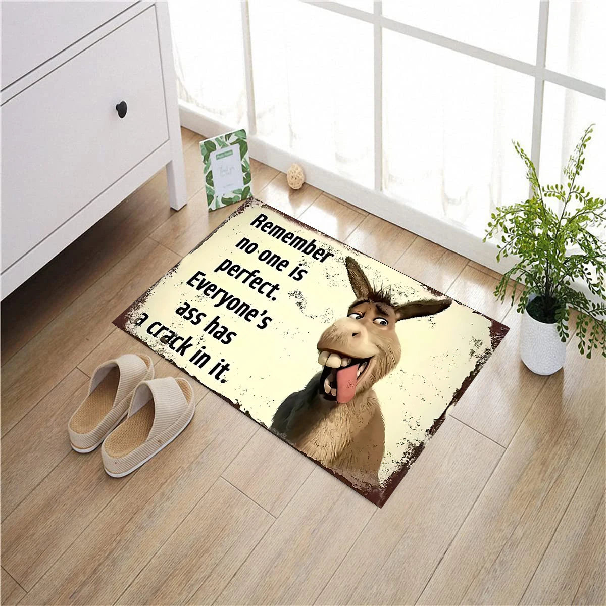tapis d'entrée antidérapant âne souriant humour moderne beige clair marron clairintérieur extérieur