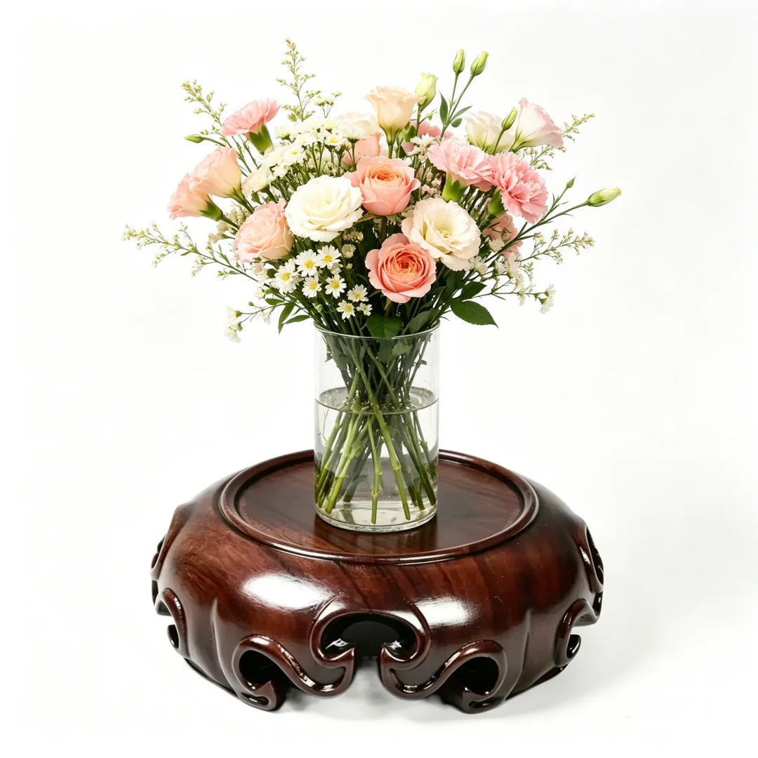 support vases bois sculpté motifs floraux artisanal marron foncé décoration intérieure unique traditionnel