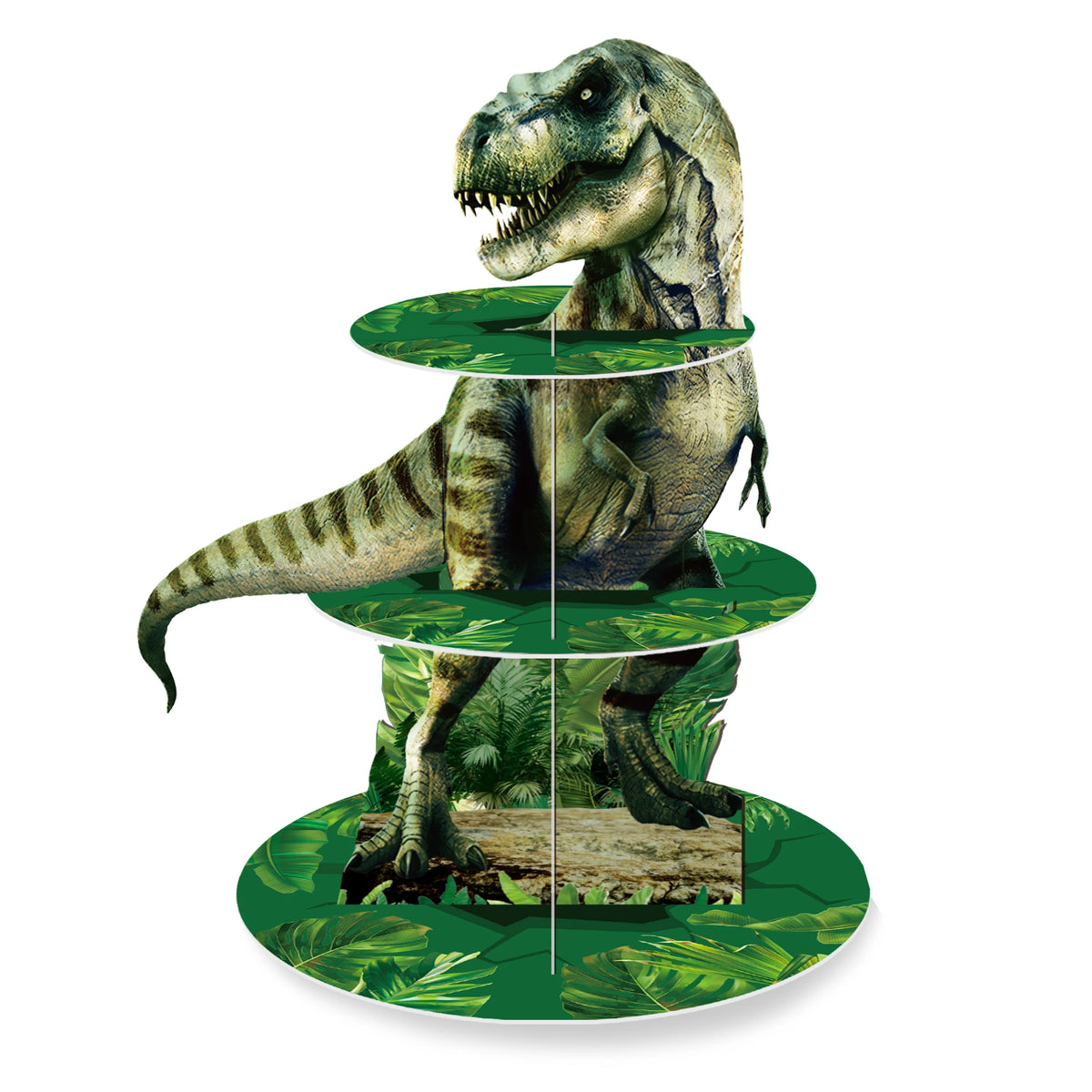 présentoir cupcakes forme dinosaure feuilles vertes moderne anniversaire decoration verte grisées desserts table festive