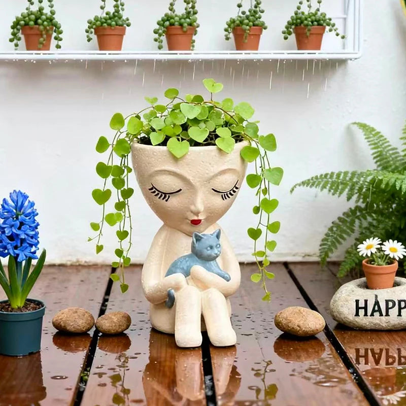 pots fleurs résine figurine fille chat plantes vertes décoration jardin moderne