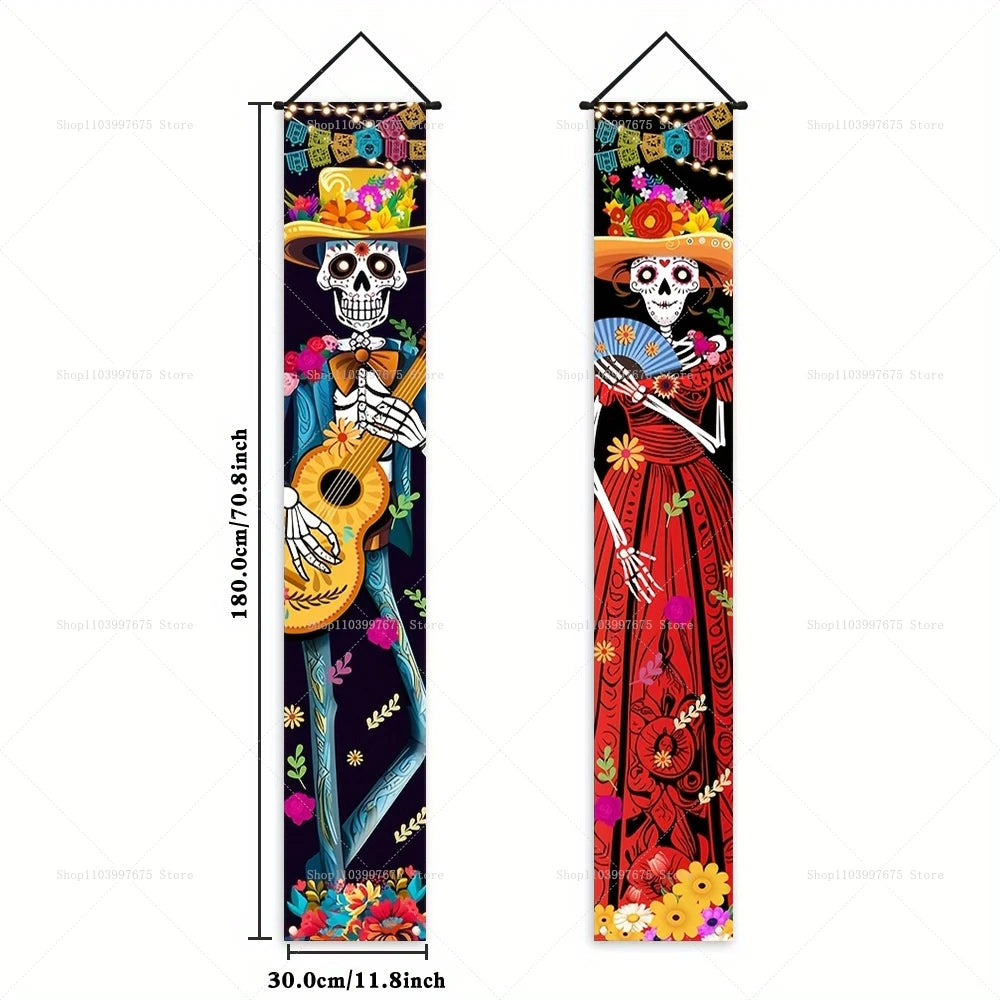 bannières décoratives halloween squelettes motifs floraux guirlandes colorées métalliques opaques festive macabre