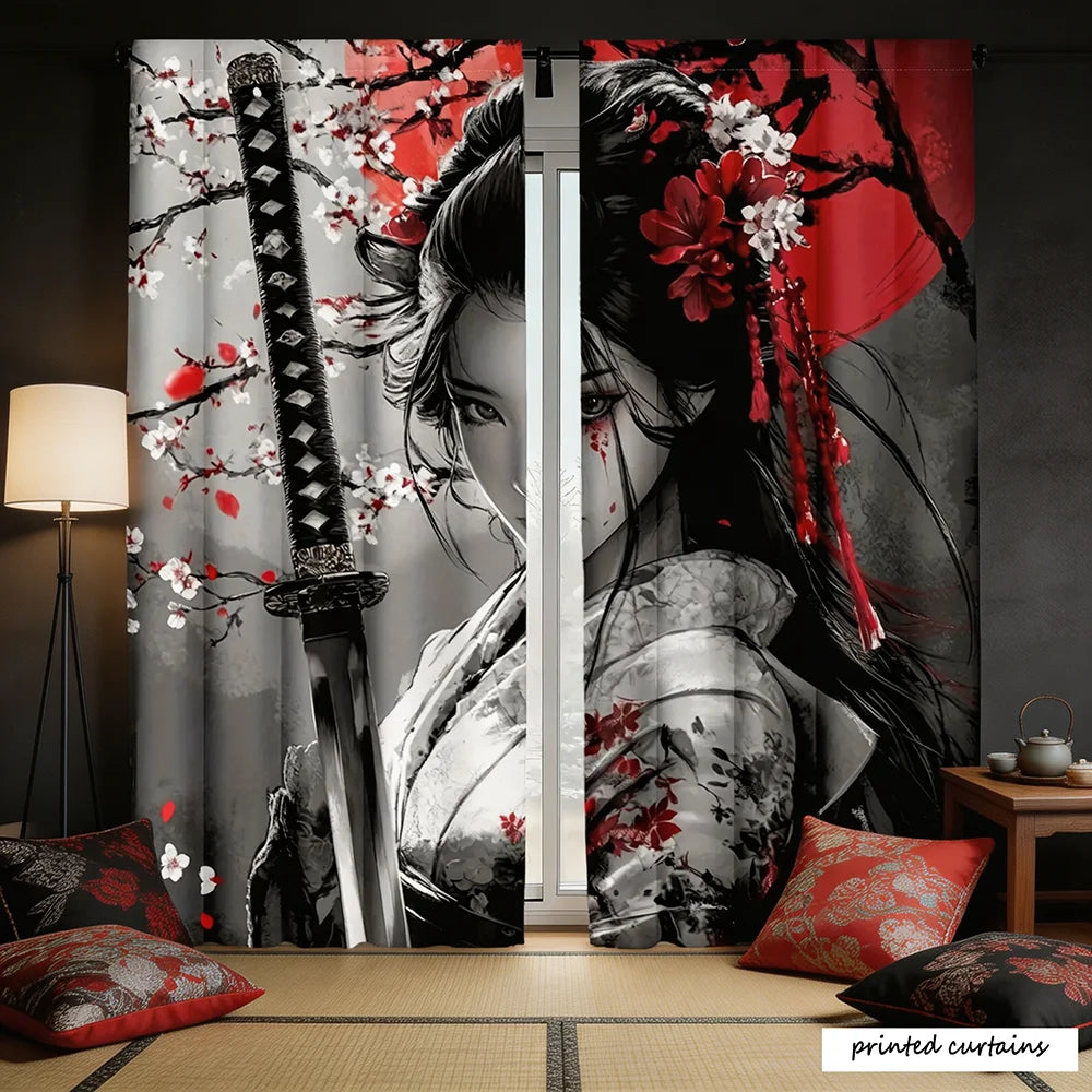 rideau imprimé art japonais femme katana fleurs cerisier noir rouge salon moderne