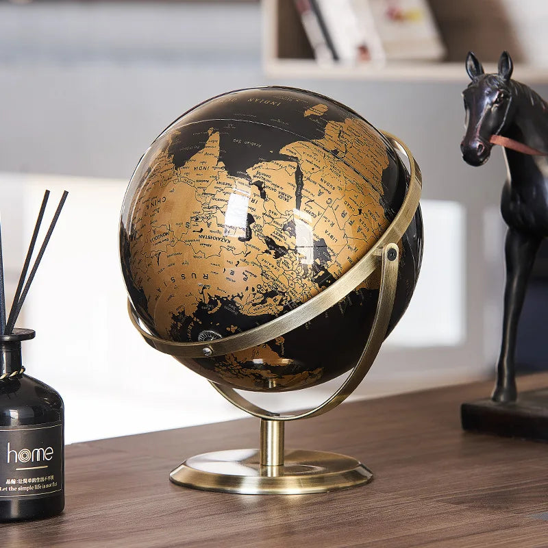 globe terrestre métal noir détaillé cartographie ornements éducation décoration classique fixations métal