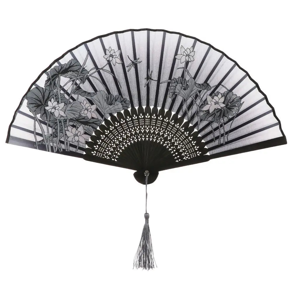 éventail traditionnel élégant tissu bambou fleurs motifs géométriques noir blanc doré