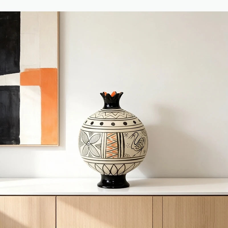 vase art déco oiseau stylisé motifs géométriques noir blanc orange