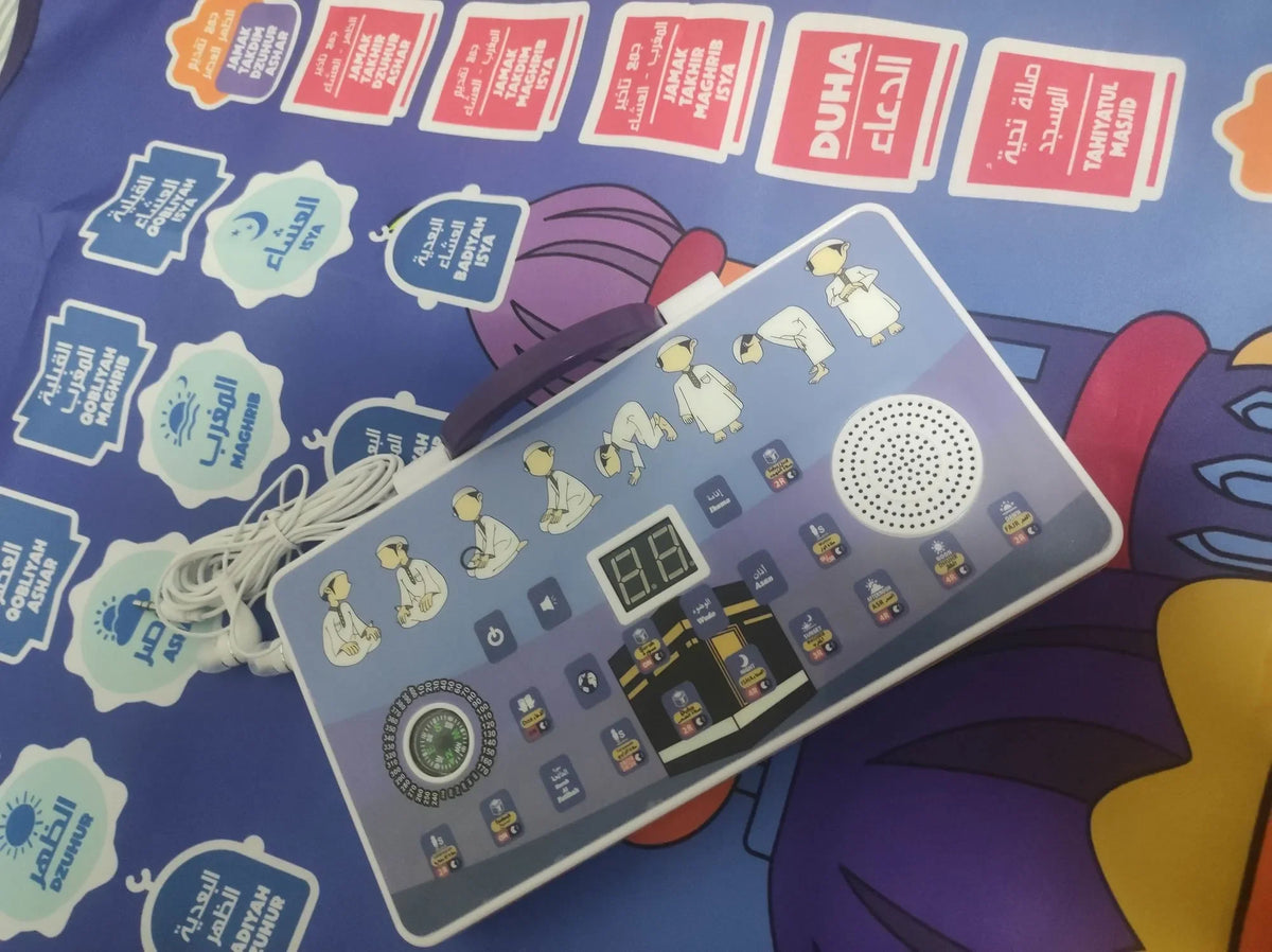 tapis prière enfant motifs islamiques couleurs vives boîte contrôle câble audio écouteurs moderne bleu