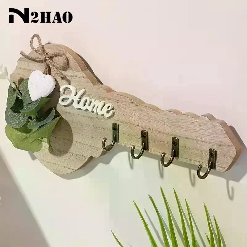 porte clés mural bois naturel clair lettre ruban coeur plantes artificielles modernes