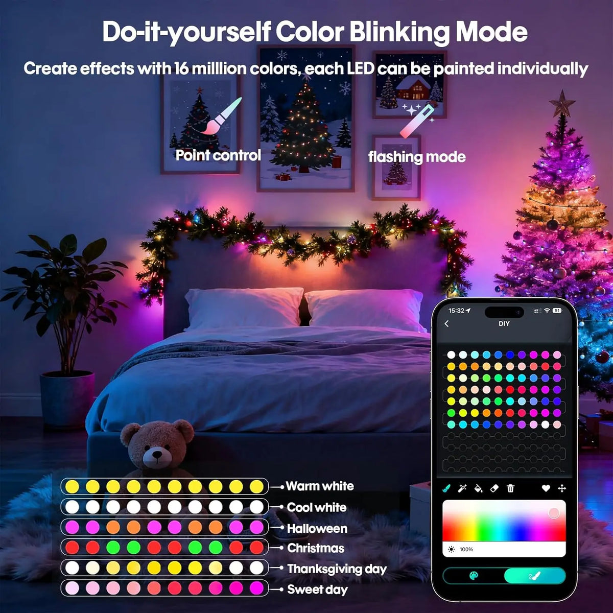 guirlande led multicolore decoration noel 10m 5m telecommande application smartphone