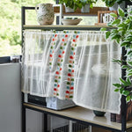 rideau fenêtre polyester brodé feuilles colorées pompons blancs translucides rustique cuisine