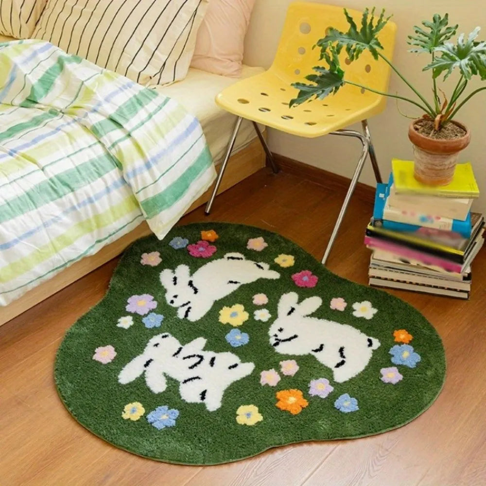 tapis vert lapins fleurs moderne lavable voyage salon cuisine extérieur plage