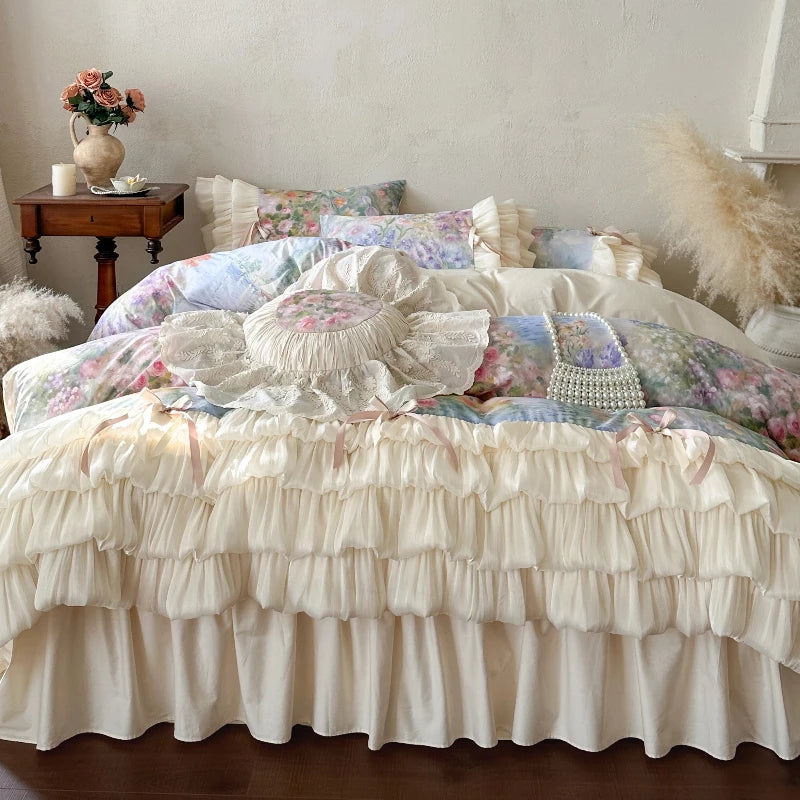 drap housse coton floral vintage romantique pastel 4pièces cœur beige clair