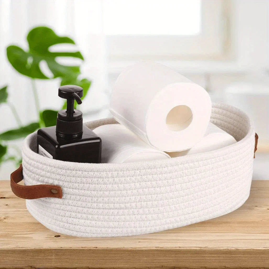 panier rangement ovale tissé coton beige blanc moderne poignées cuir salle bain