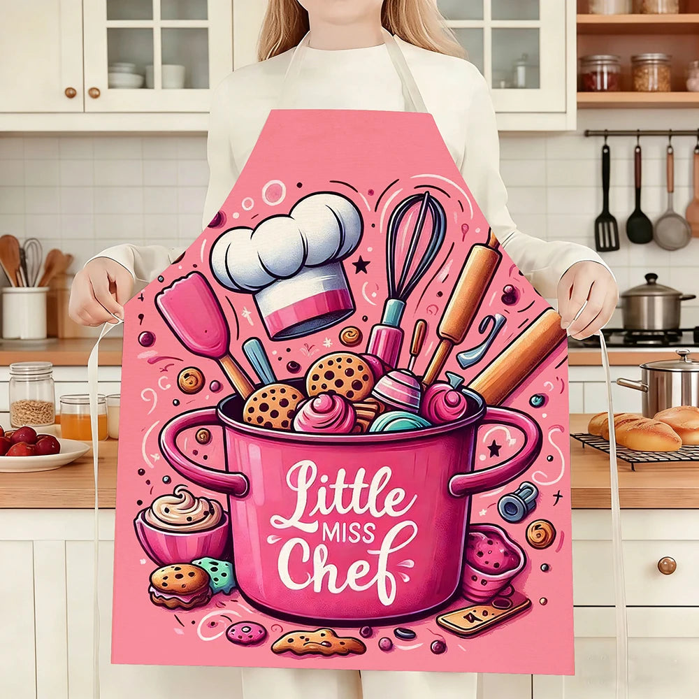 tablier cuisine rose illustration biscuits dessin animé cuillères chef élastiques durable protection lin