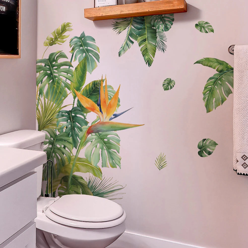 sticker mural tropical feuilles vertes oiseau exotique décoration salon autocollant waterproof adhésif self adhesive