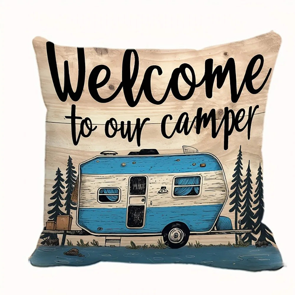housses d'oreiller motif camper vintage bleu beige noir sapins coeurs polyester 45x45cm chambre maison