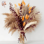 Bouquet fleurs séchées naturel marron beige violet blanc plumes pampas rustique maison table decoration