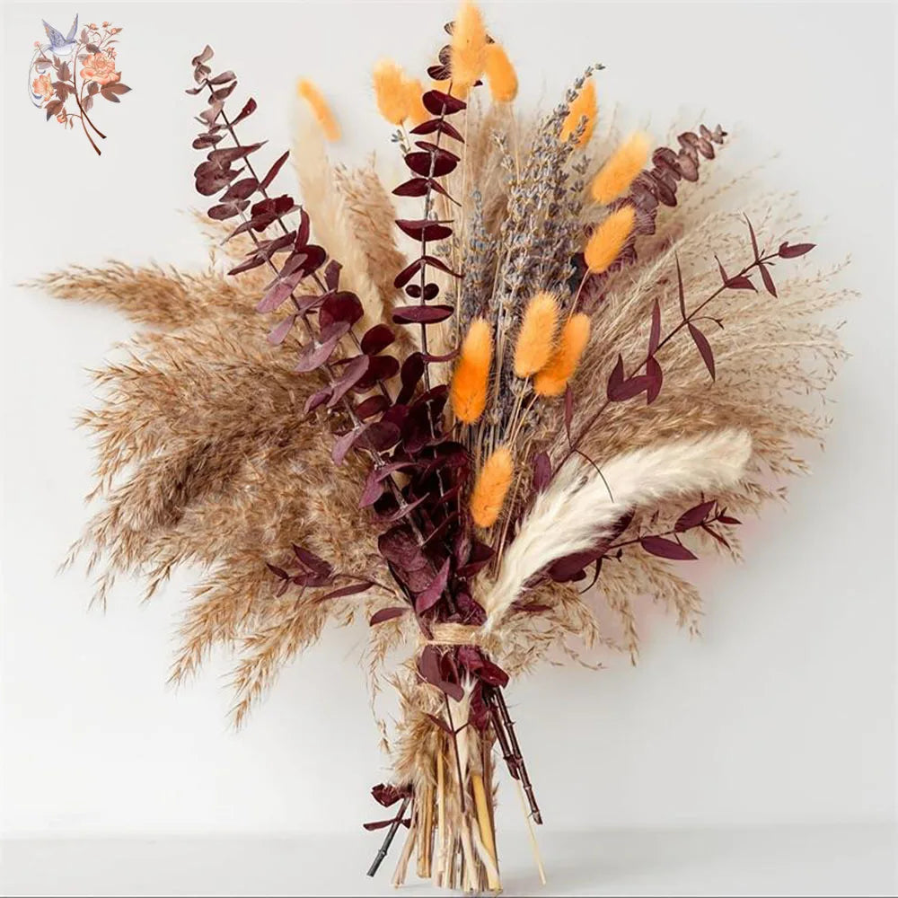 Bouquet fleurs séchées naturel marron beige violet blanc plumes pampas rustique maison table decoration