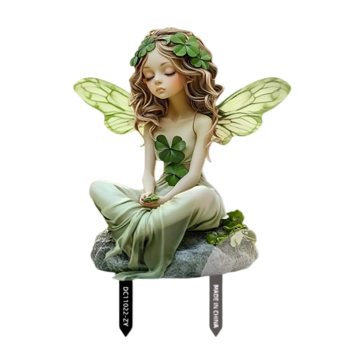 statue fée pierre détails floraux vert beige gris artisanale réaliste jardin extérieur
