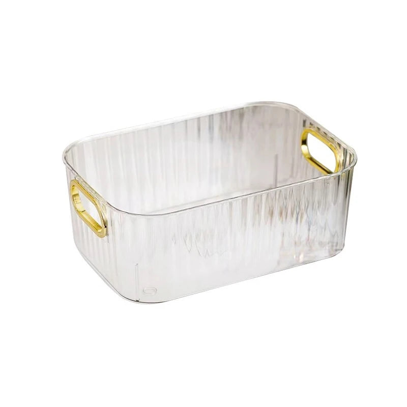 boîtes rangement transparentes paniers minimalistes poignées métalliques dorées moderne texture géométrique