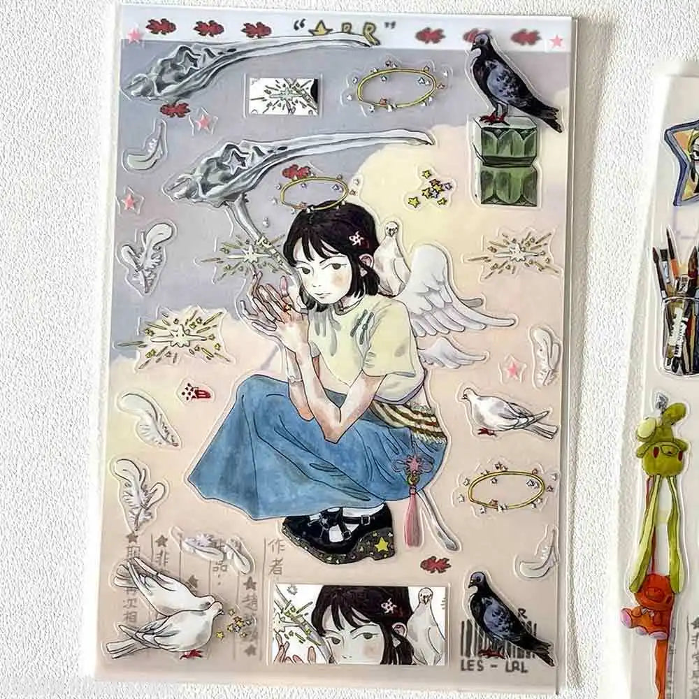 sticker multicolore personnages animaux motifs floraux art japonais diy scrapbooking illustrations fantaisistes