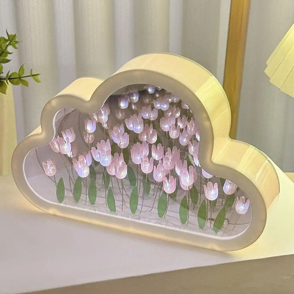 lampe atmosphère nuage tulipes feuilles verte diy chambre enfant blanc rose bleu
