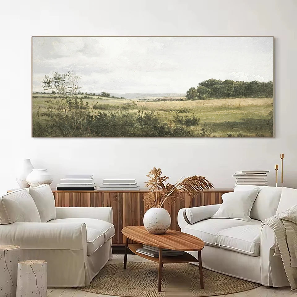 toile d'art paysage champêtre fleurs blanches ciel nuageux peinture l'huile verte réaliste sans cadre