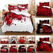 Housse de couette 220x240 rose rouge 3D fleur romantique pour lit double king queen