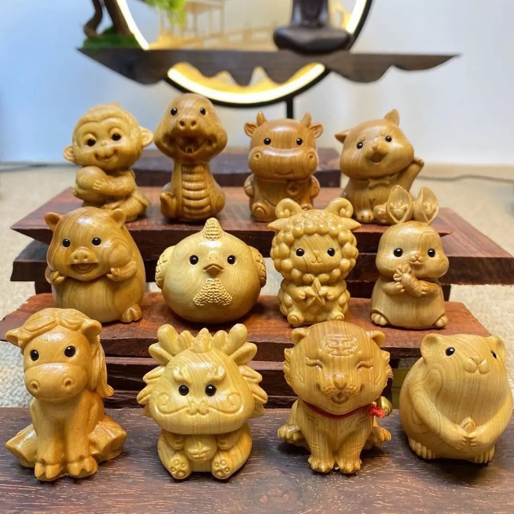 statuettes animales sculptées détaillées zodiaque naturel brun clair artisanal figurines individuelles opaques