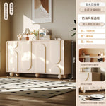 meuble rangement moderne bois motifs géométriques beige clair pieds ronds