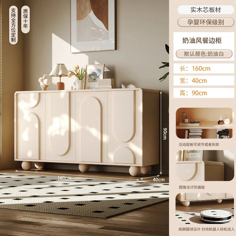 meuble rangement moderne bois motifs géométriques beige clair pieds ronds