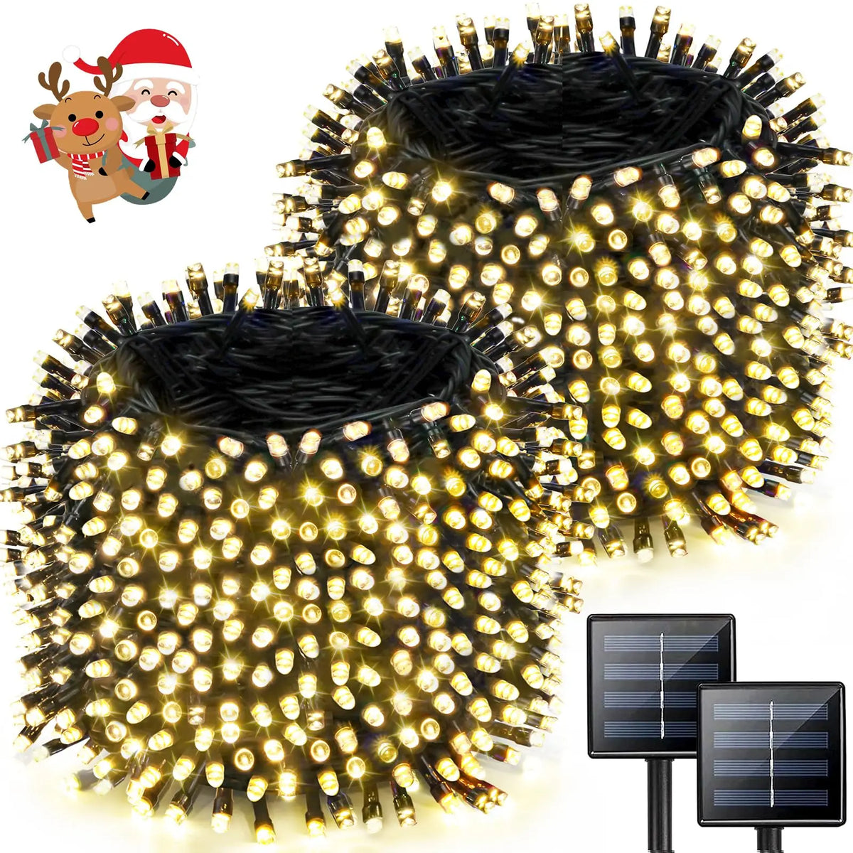 guirlande lumineuse solaire ip65 30mètres blanc chaud moderne interrupteur modes éclairage panneau solaire fixations