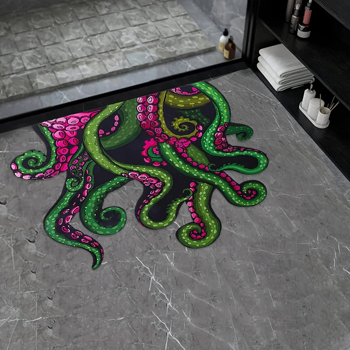 tapis vert rose noir tentacules octopus moderne durable résistant salle bain cuisine
