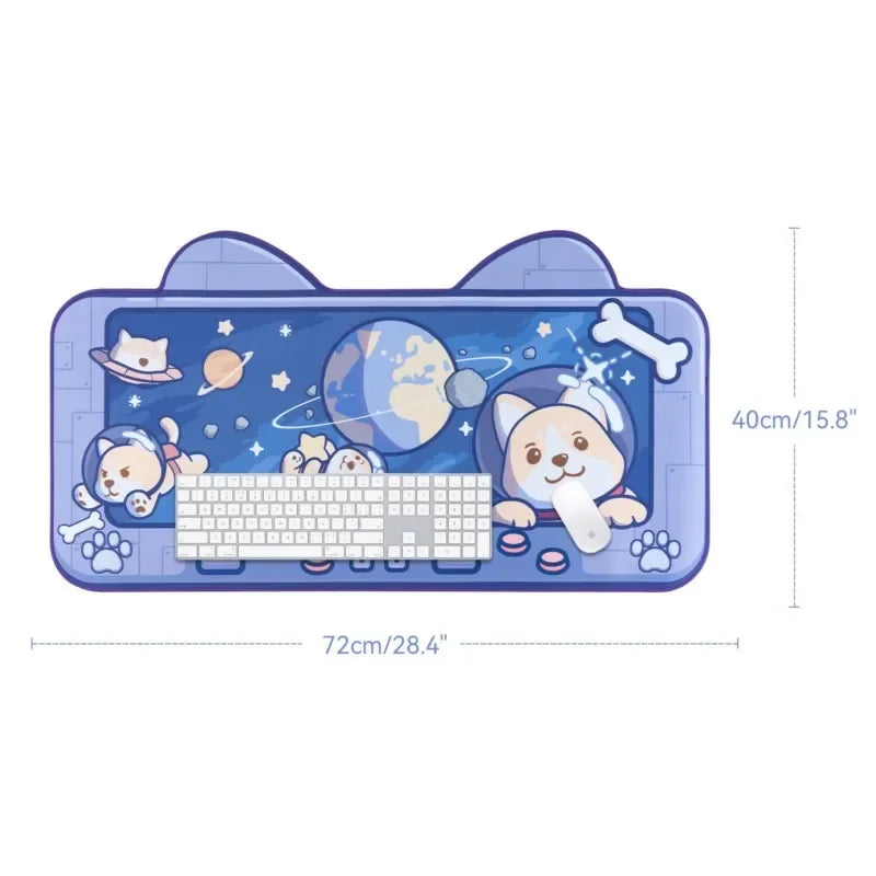 tapis souris kawaii chiens astronautes planètes étoiles bleu blanc rose gris spatial cartoon 72x40cm