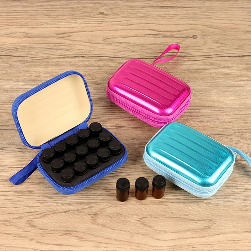 boîte rangement huiles essentielles 15 compartiments bouteilles métal couleurs bleu rose doré moderne pratique