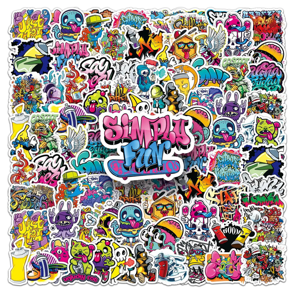 stickers multicolores graphiques pop art graffiti adhésifs variés animaux lettrages scènes urbaines