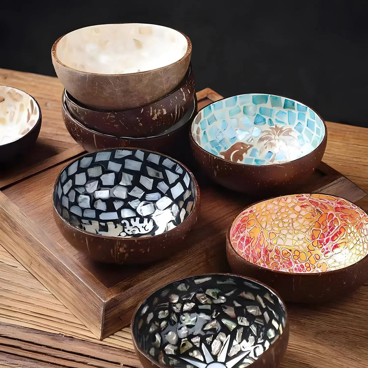 bol décoratif coquille coco artisanal mosaïque bois rangement bijoux clés maison