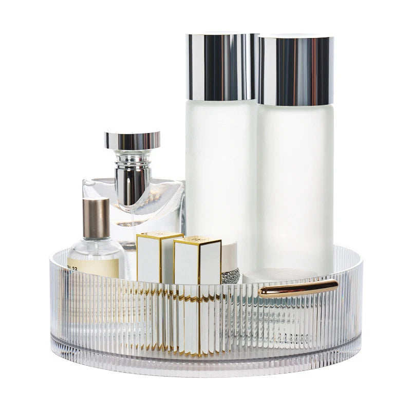organisateur cosmétiques transparent moderne poignées dorées flacons lotion parfum crème nettoyant sérum baume moussant
