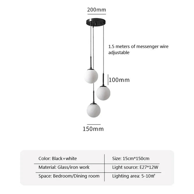 suspension lumineuse ornement sphérique blanc matière transparente moderne fixation câbles inclusion câble électrique