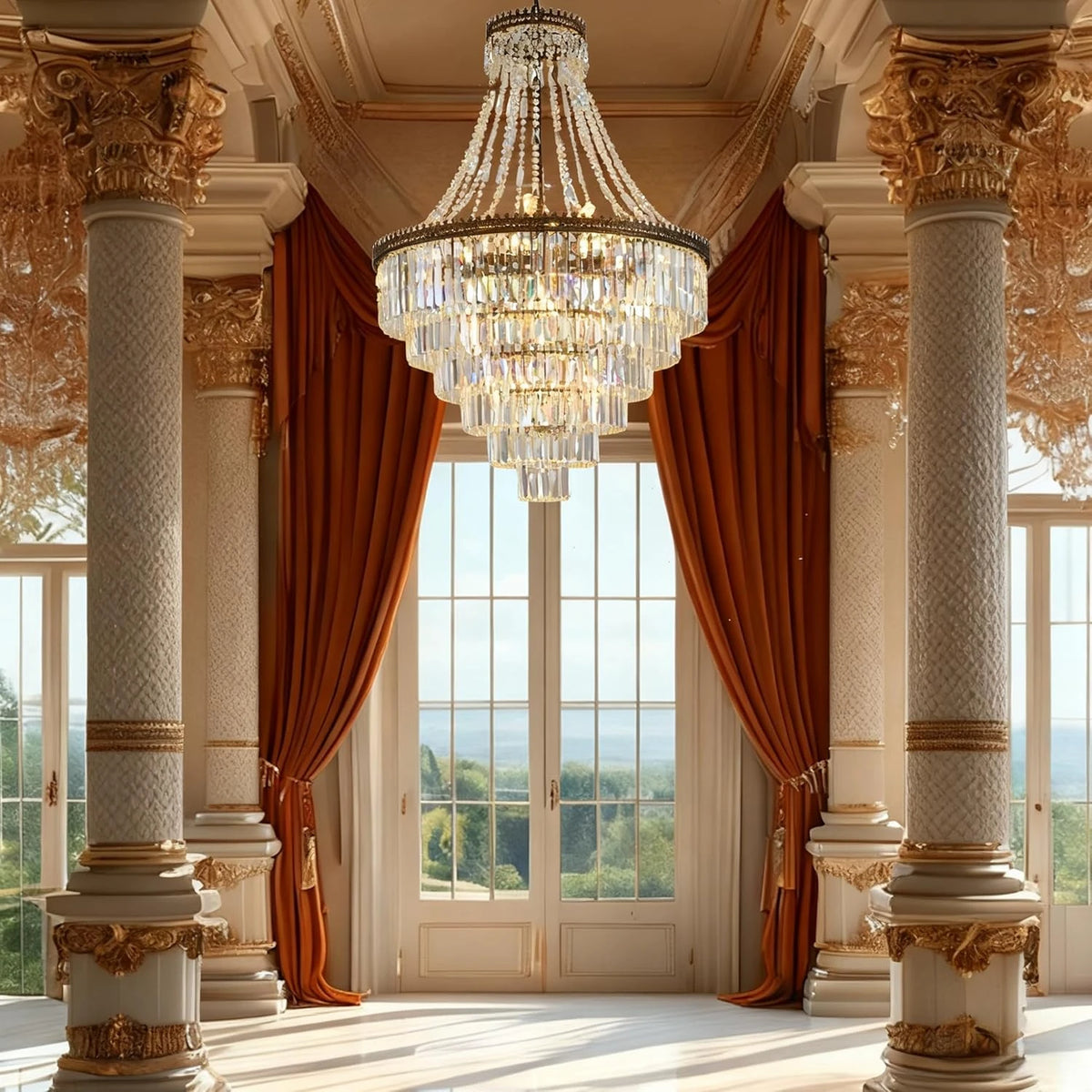 lustre pendentif cristal or élégant salle manger hall lumière froide neutre chaude