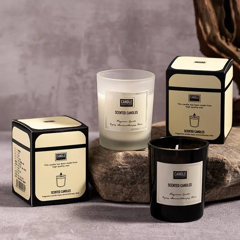 bougies parfumées aromathérapie cire soja blanc translucide noir opaque minimaliste décoration maison