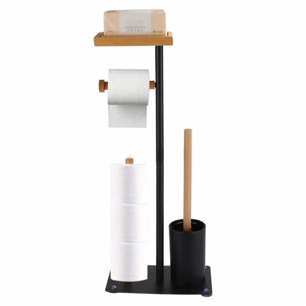 support papier toilette moderne noir blanc brosse wc plateau bois rouleaux