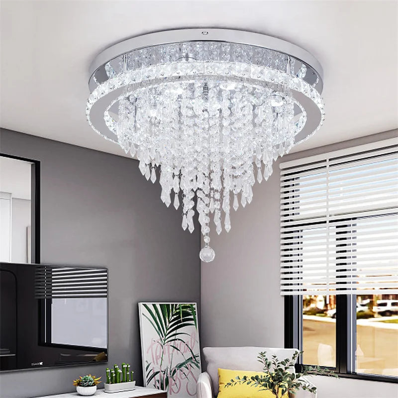 lustre moderne cristal transparent argenté plafonnier led salon télécommande intensité variable suspension