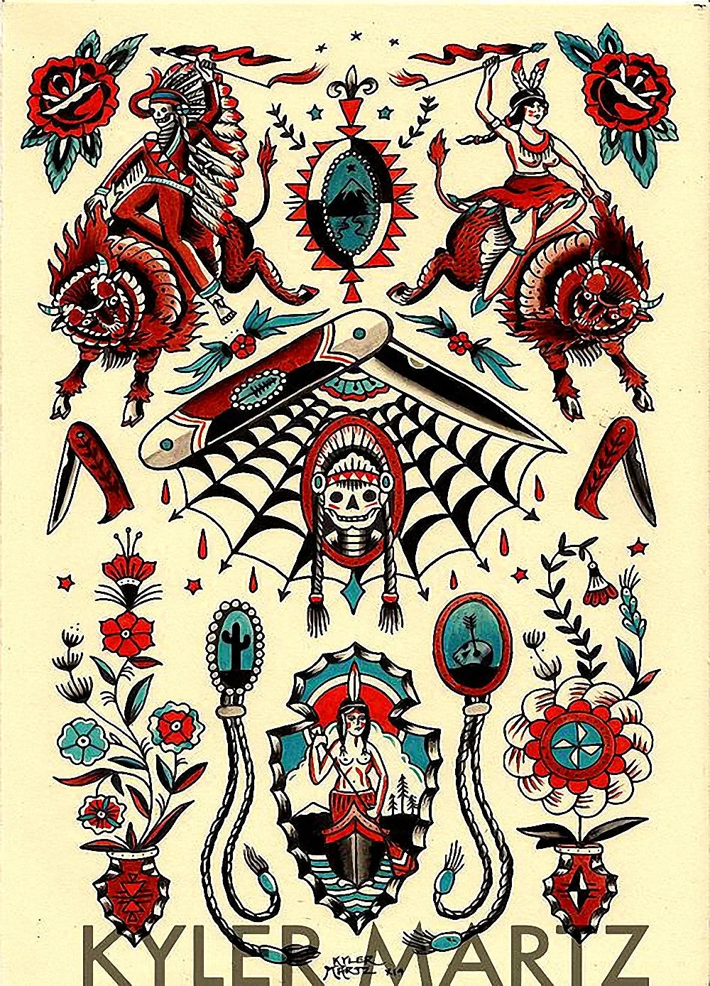sticker autocollant tatouage vintage motifs traditionnels fleurs animaux symboles rouge noir beige blanc bleu