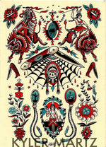sticker autocollant tatouage vintage motifs traditionnels fleurs animaux symboles rouge noir beige blanc bleu