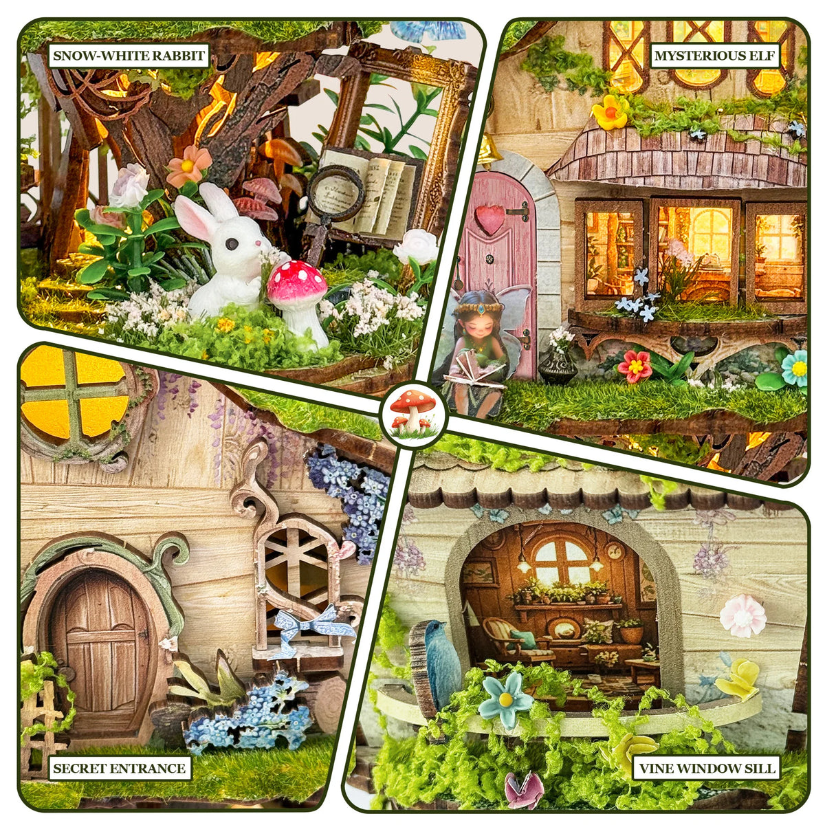 maisonnette décorative illuminée kit monter figurines elfe lapin éléments floraux conte fée