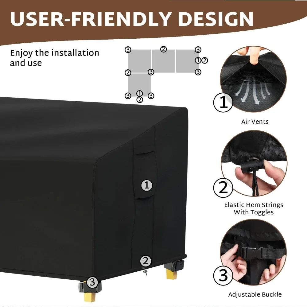 Housse protection canapé d'angle noir tissu oxford revêtement pvc boucles ajustables imperméable intempéries moderne